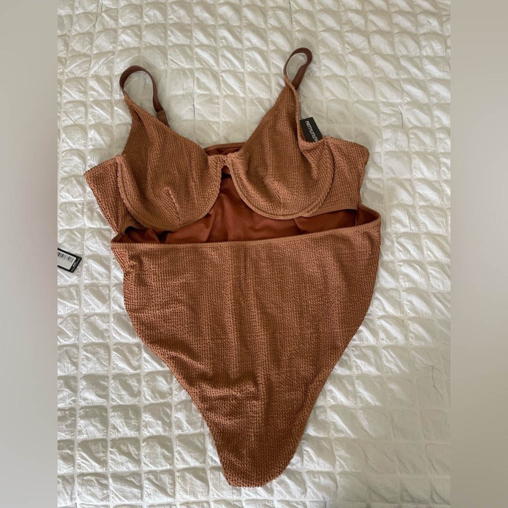 Prettylittlething plus mocha textured cutout swimsuit